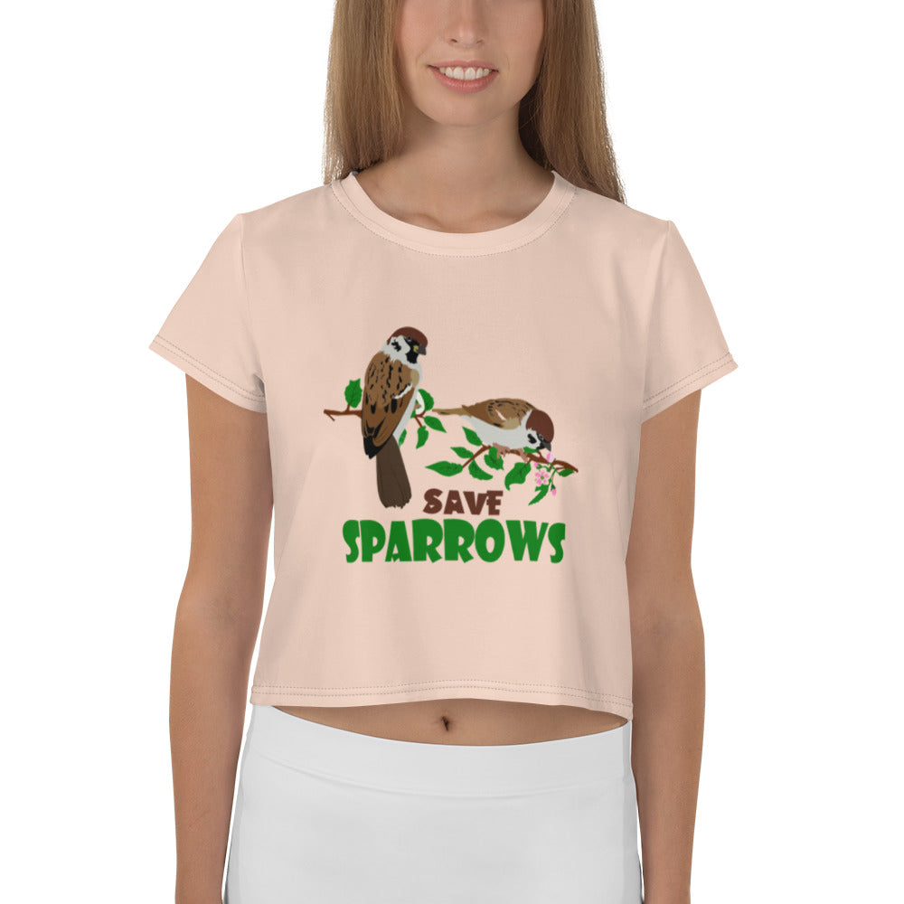 SAVE SPARROWS - All-Over Print Crop Tee