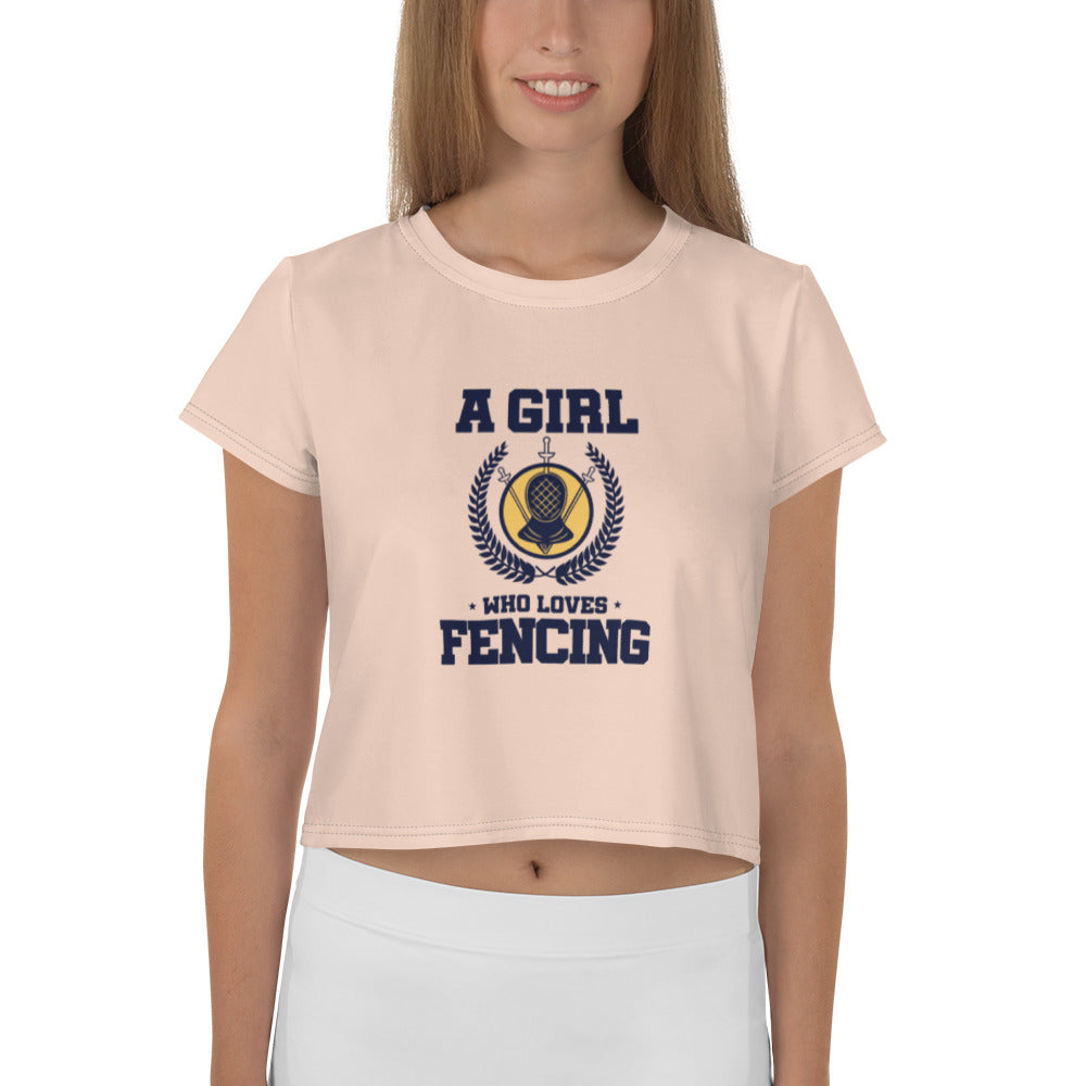 A GIRL WHO LOVES FENCING - All-Over Print Crop Tee