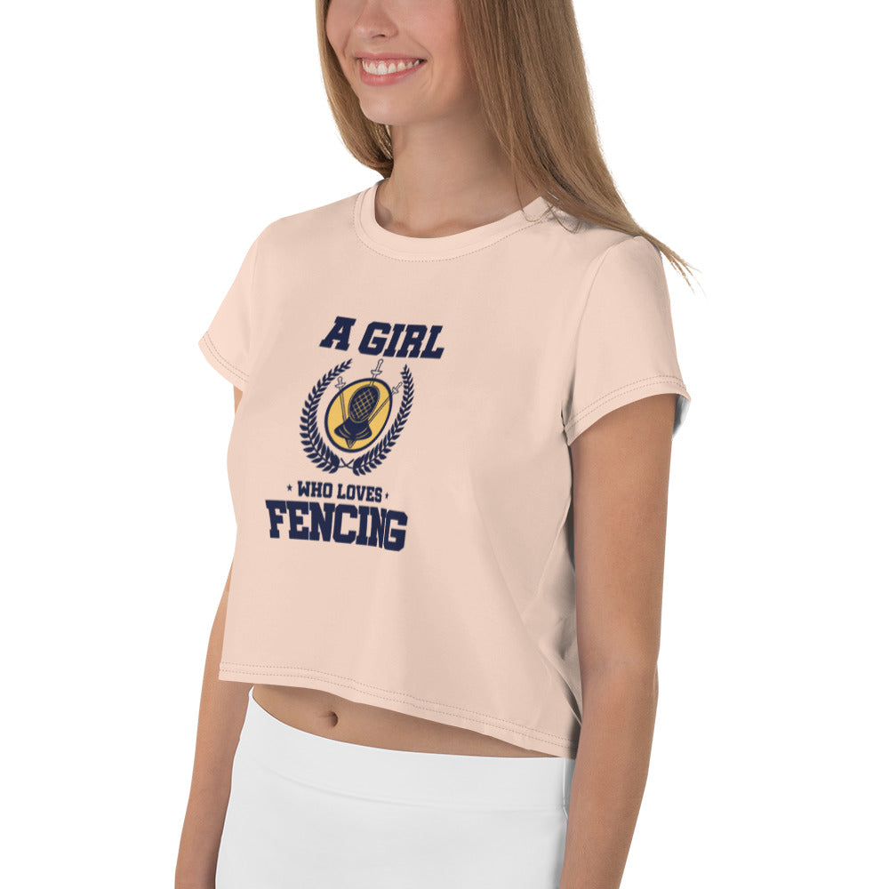 A GIRL WHO LOVES FENCING - All-Over Print Crop Tee