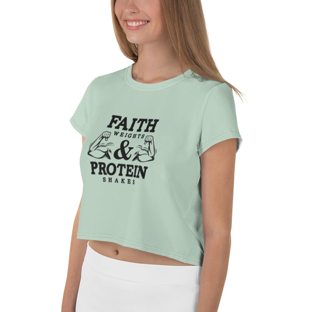 FAITH WEIGHTS & PROTEIN SHAKES - All-Over Print Crop Tee