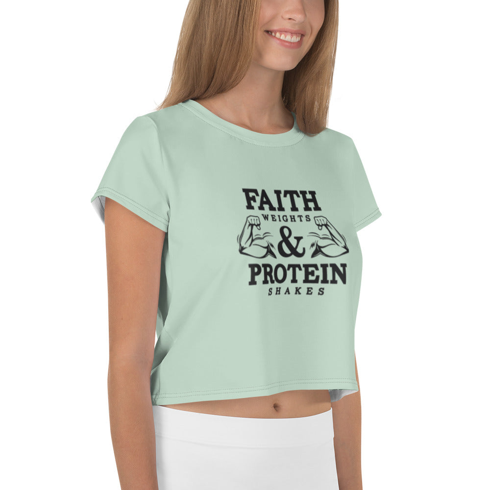FAITH WEIGHTS & PROTEIN SHAKES - All-Over Print Crop Tee