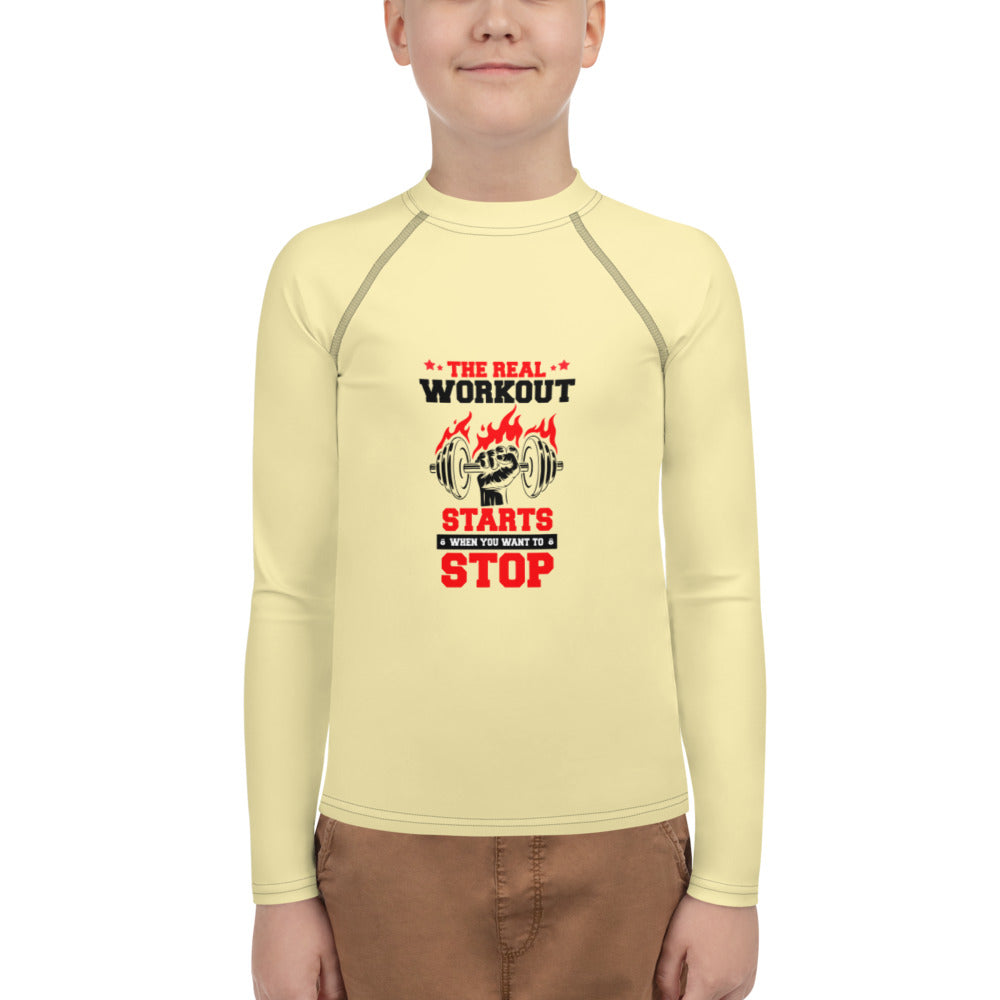 THE REAL WORKOUT STARTS - Youth Rash Guard