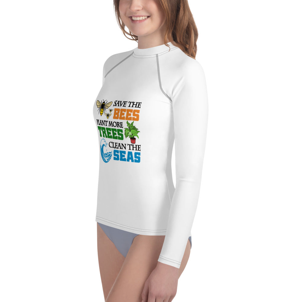 SAVE THE BEES PLANT MORE TREES CLEAN THE SEAS - Youth Rash Guard