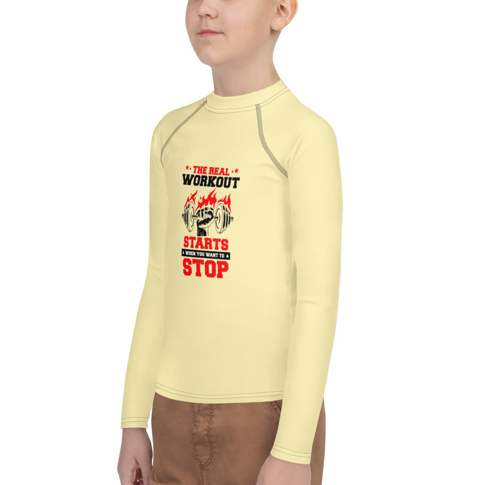 THE REAL WORKOUT STARTS - Youth Rash Guard