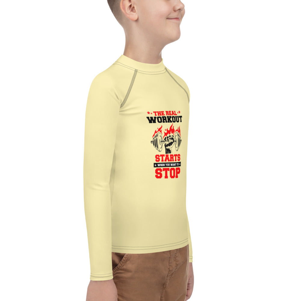 THE REAL WORKOUT STARTS - Youth Rash Guard