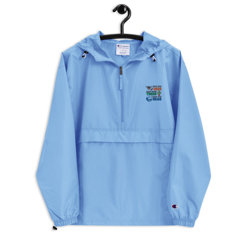 SAVE THE BEES PLANT MORE TREES CLEAN THE SEAS - Embroidered Champion Packable Jacket