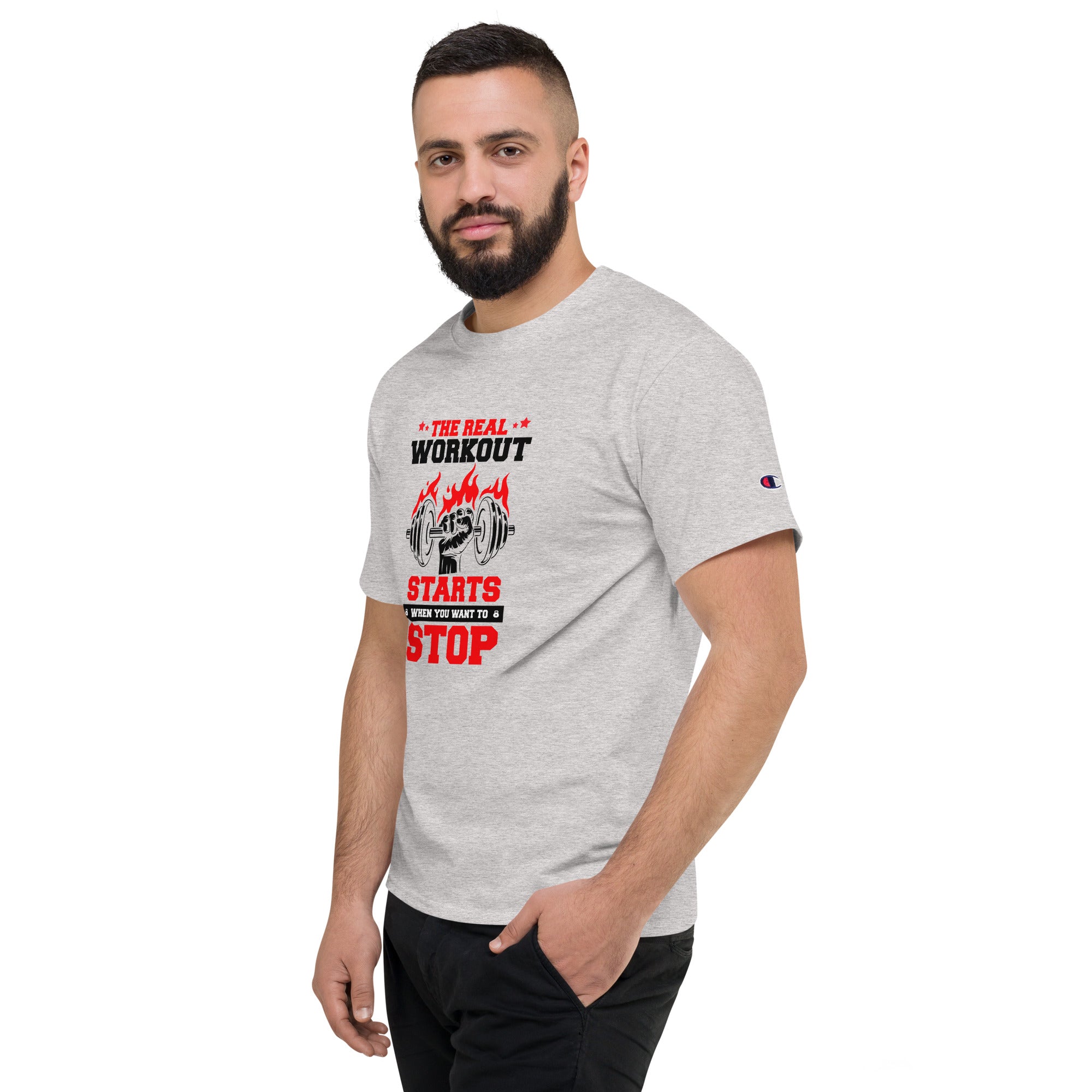 THE REAL WORKOUT STARTS - Men's Champion T-Shirt