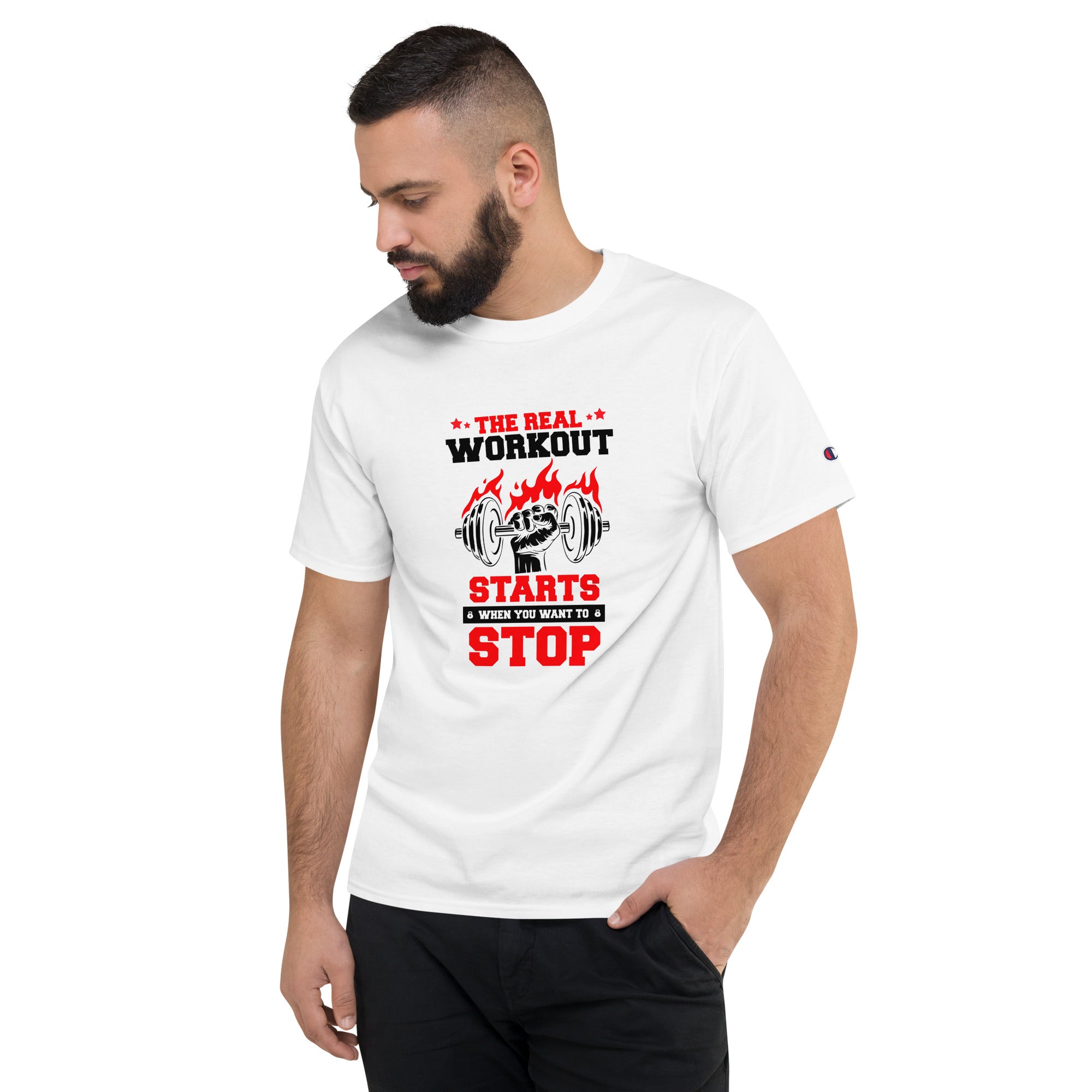 THE REAL WORKOUT STARTS - Men's Champion T-Shirt