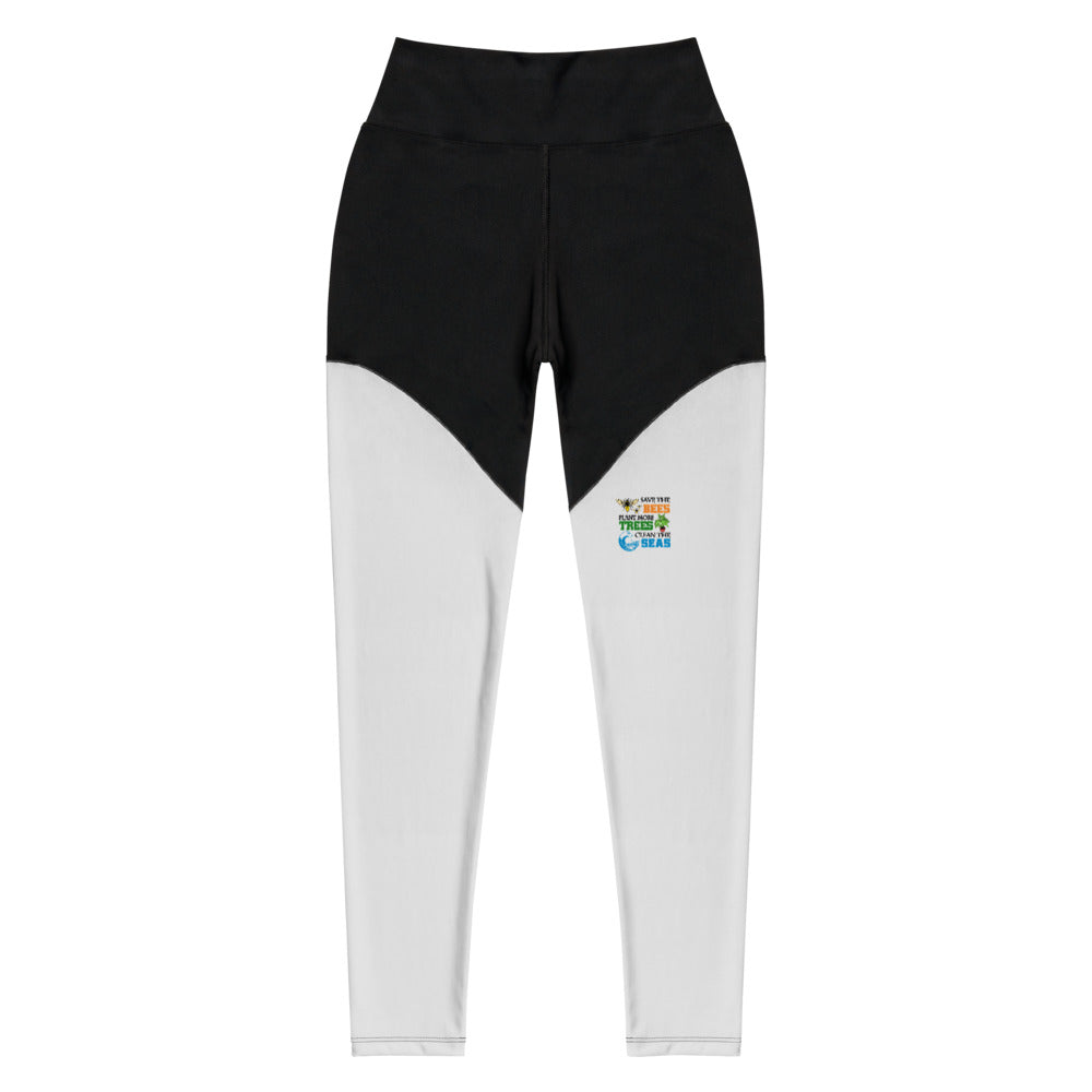 SAVE THE BEES PLANT MORE TREES CLEAN THE SEAS - Sports Leggings