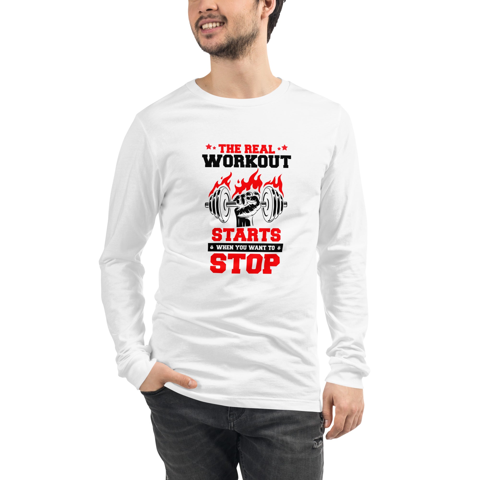 THE REAL WORKOUT STARTS - Unisex Long Sleeve Tee