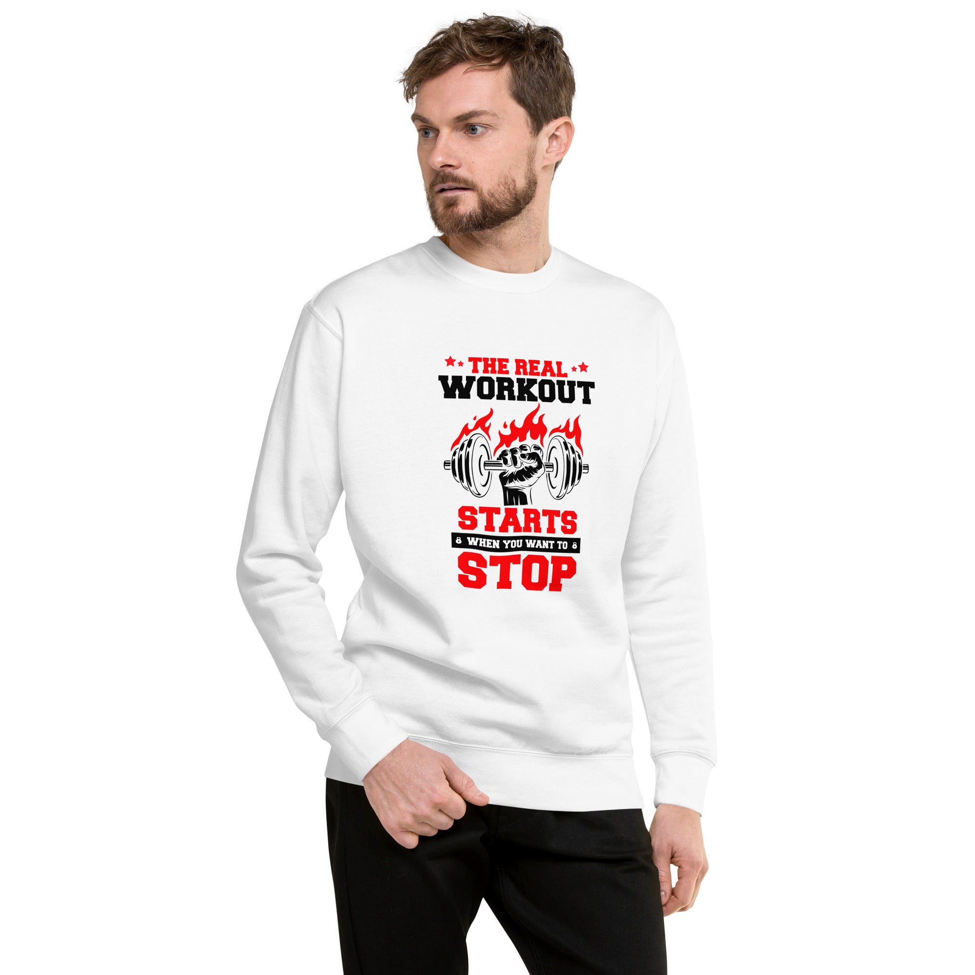 THE REAL WORKOUT STARTS - Unisex Premium Sweatshirt