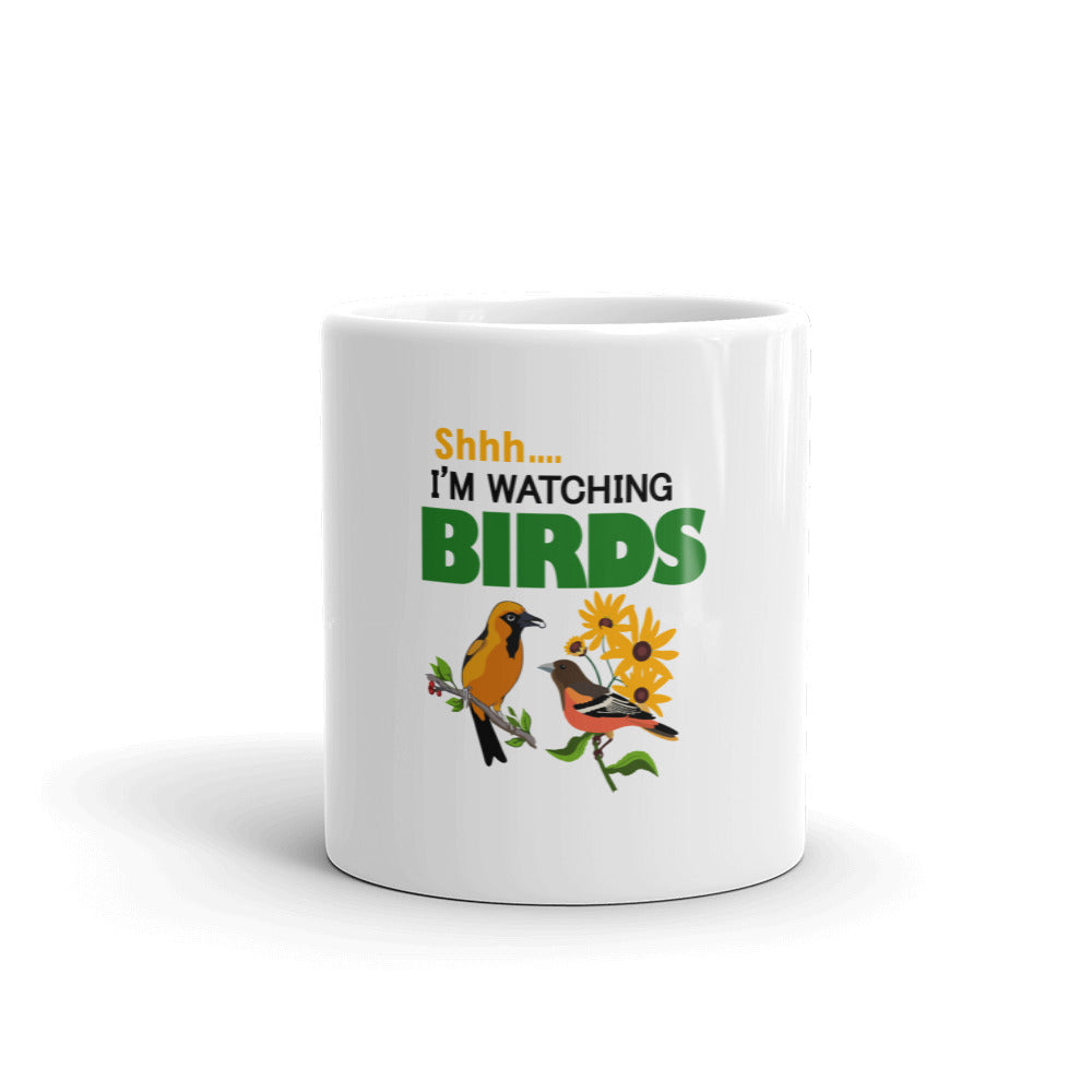 SHHH... I'M WATCHING BIRDS - White glossy mug