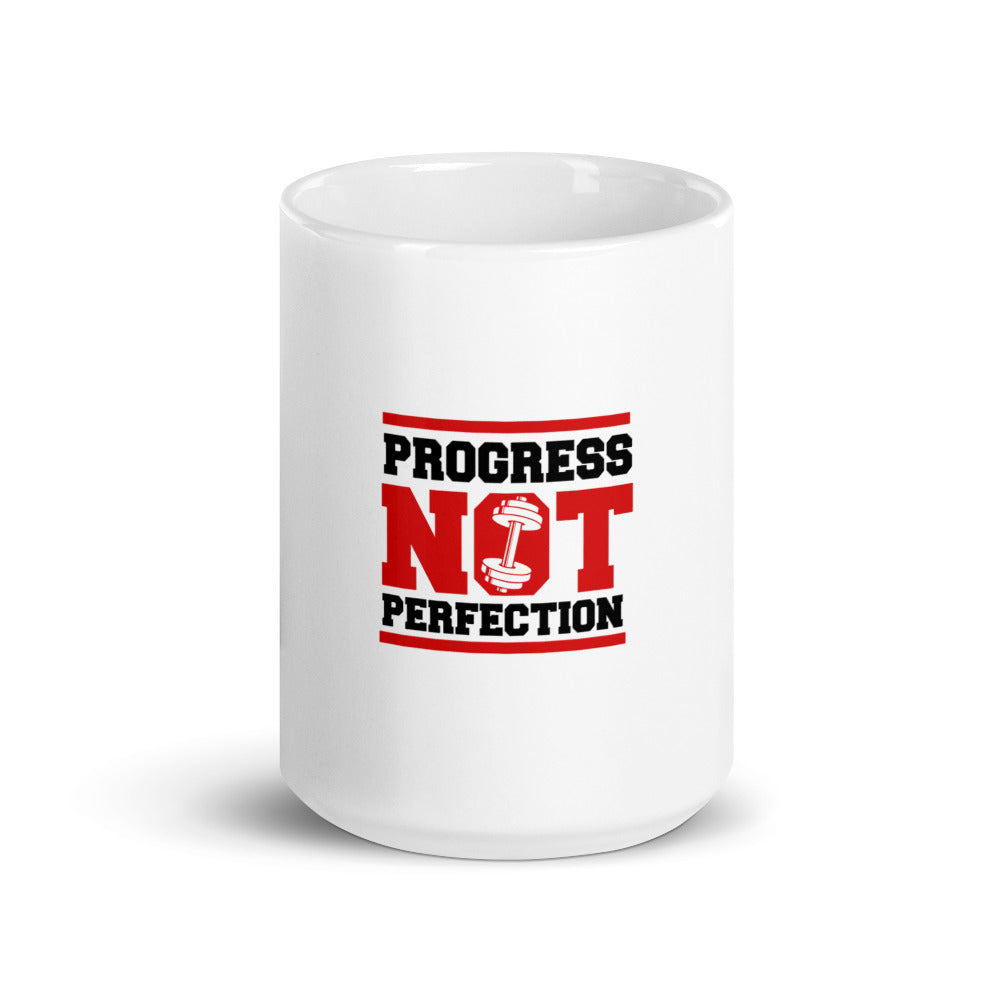 PROGRESS NOT PERFECTION - White glossy mug
